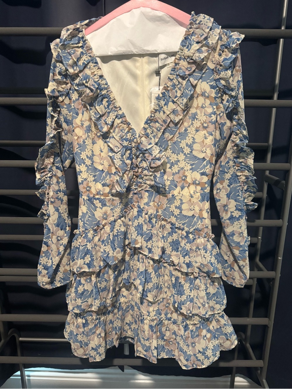 Sugarlips Blue Floral Ruffle Mini Dress